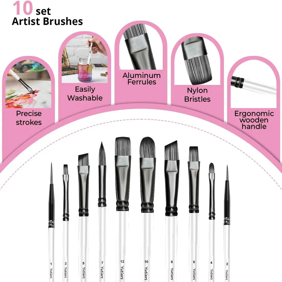10pcs Artist Paint Brushes Set Different Nylon Hair Tips Paintbrushes Professional Painting Kit for Acrylic Watercolor