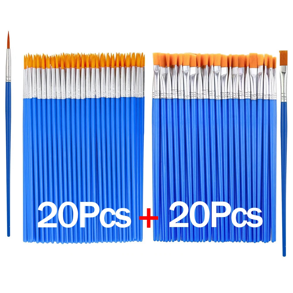 20-200Pcs Painting Brushes Set Art Round Flat Nylon Hair Paint Brush for Oil Acrylic Watercolor Kids/Artists/Beginners/Students