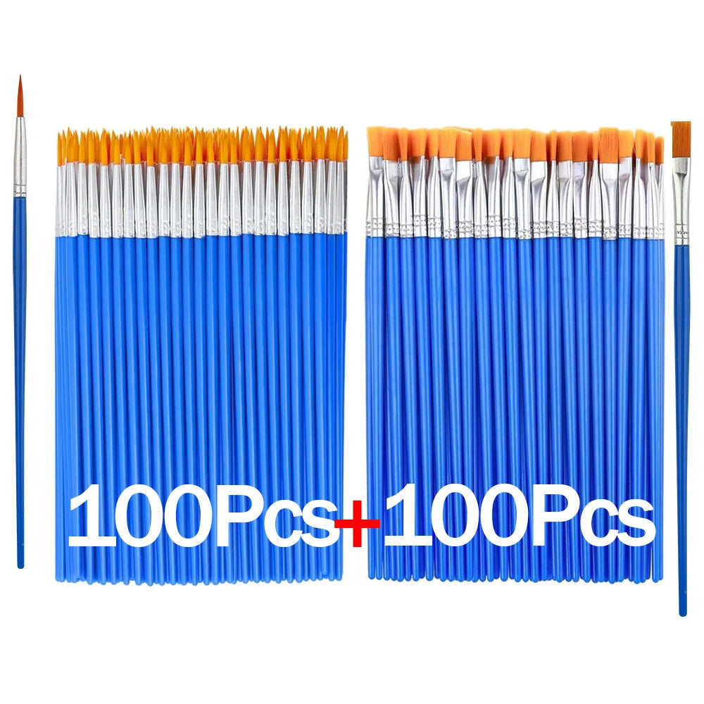 20-200Pcs Painting Brushes Set Art Round Flat Nylon Hair Paint Brush for Oil Acrylic Watercolor Kids/Artists/Beginners/Students