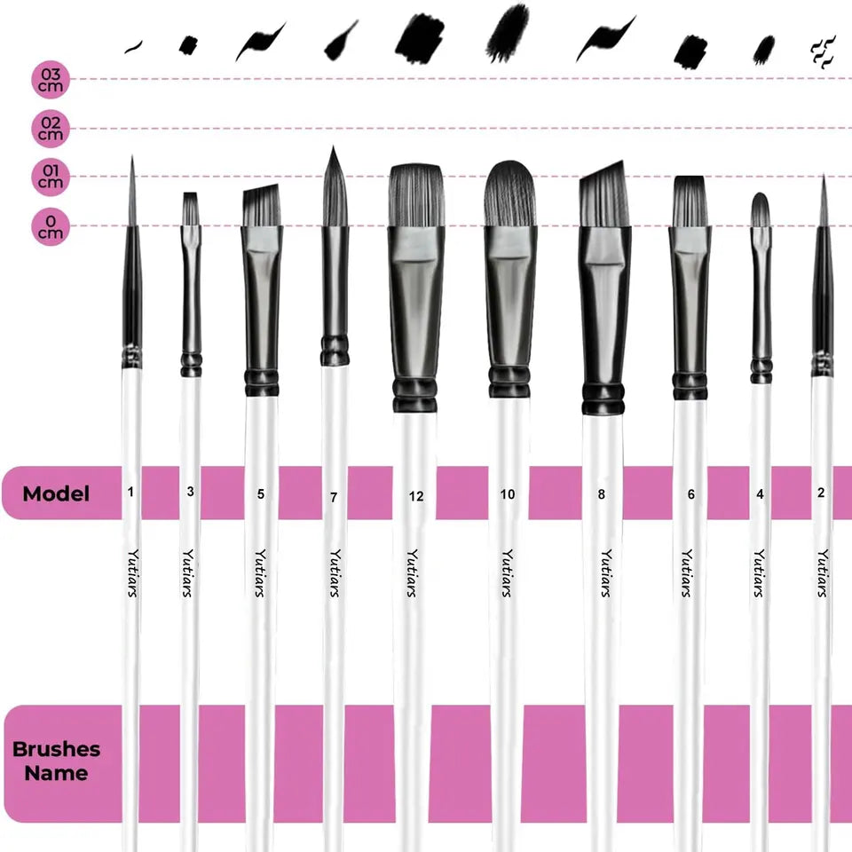10pcs Artist Paint Brushes Set Different Nylon Hair Tips Paintbrushes Professional Painting Kit for Acrylic Watercolor