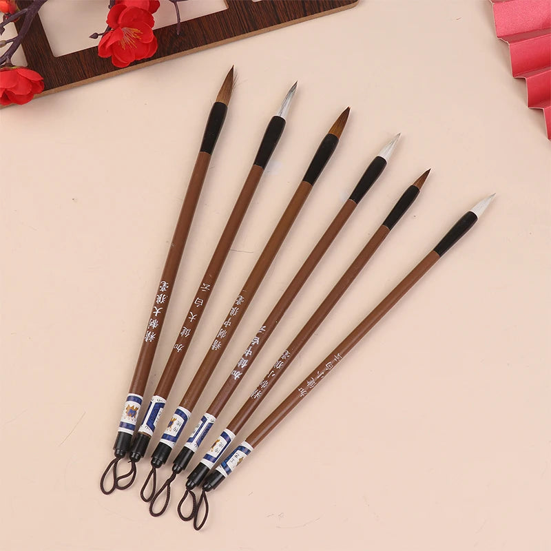 6Pcs Chinese White Clouds Bamboo Wolf Hair Calligraphy Brush For Practice And Painting