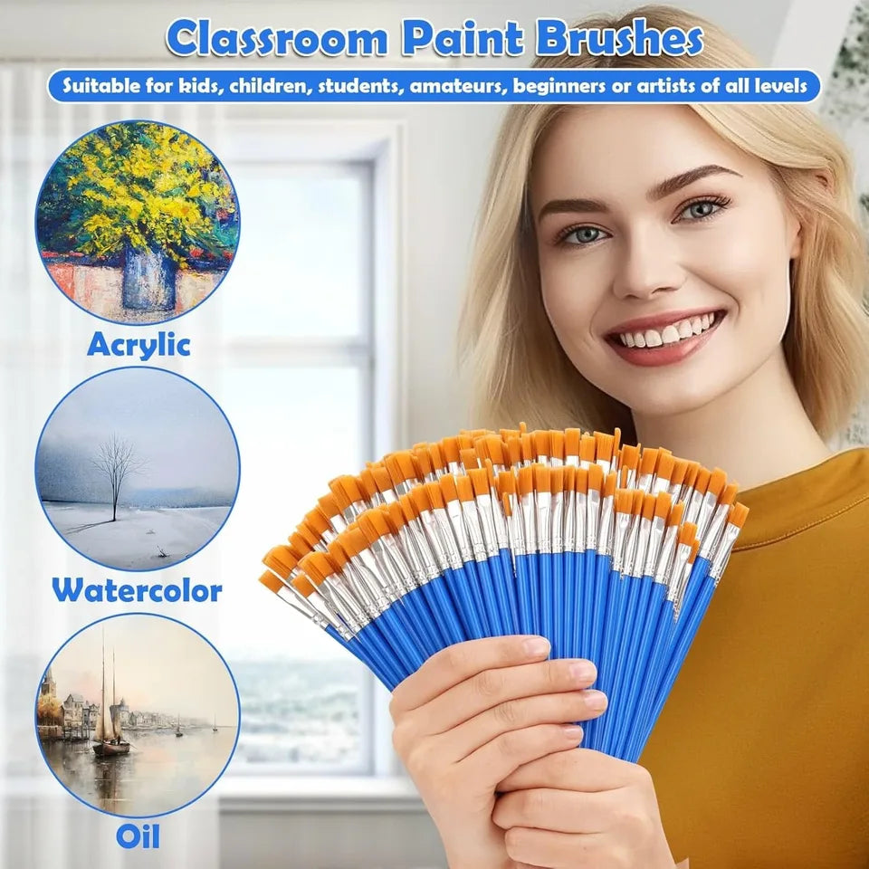 20-200Pcs Painting Brushes Set Art Round Flat Nylon Hair Paint Brush for Oil Acrylic Watercolor Kids/Artists/Beginners/Students