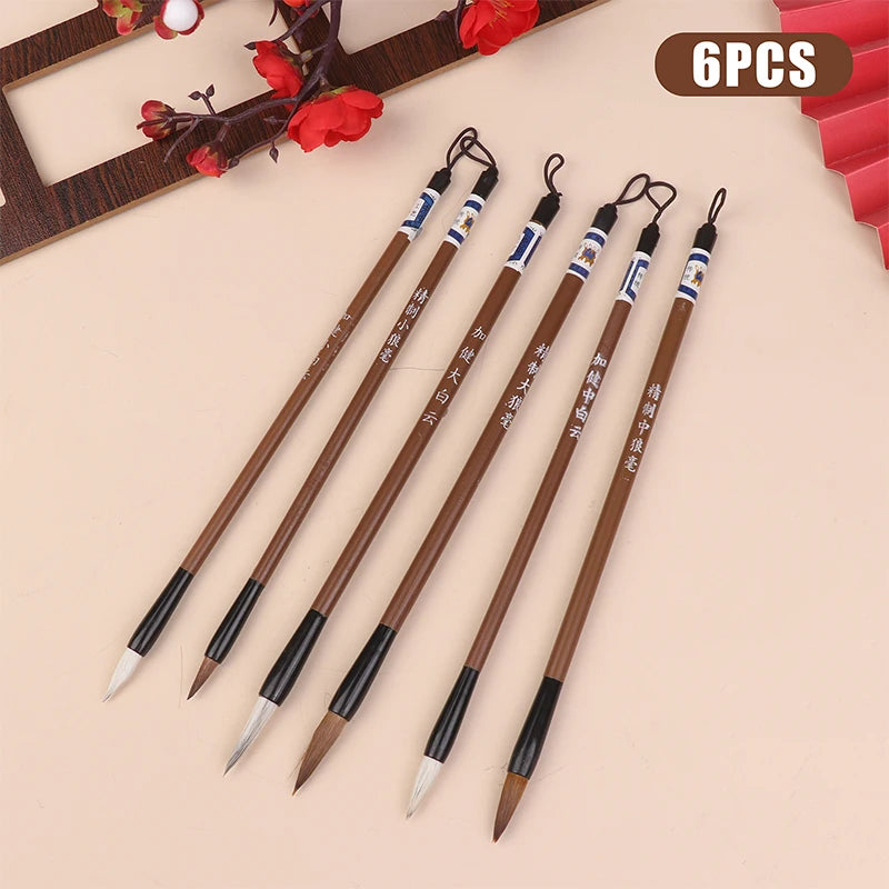 6Pcs Chinese White Clouds Bamboo Wolf Hair Calligraphy Brush For Practice And Painting