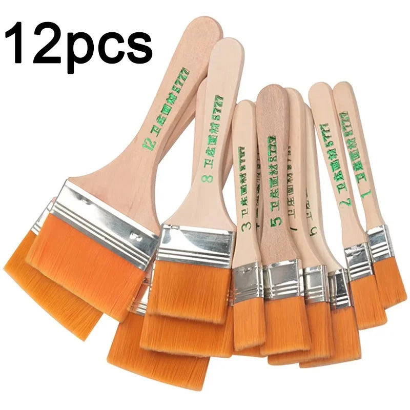 12pcs Nylon Paint Brush Watercolor Paint Brushes Smooth Wooden Handle Drawing Paint Brushes For Acrylic Oil Painting Art Supplie